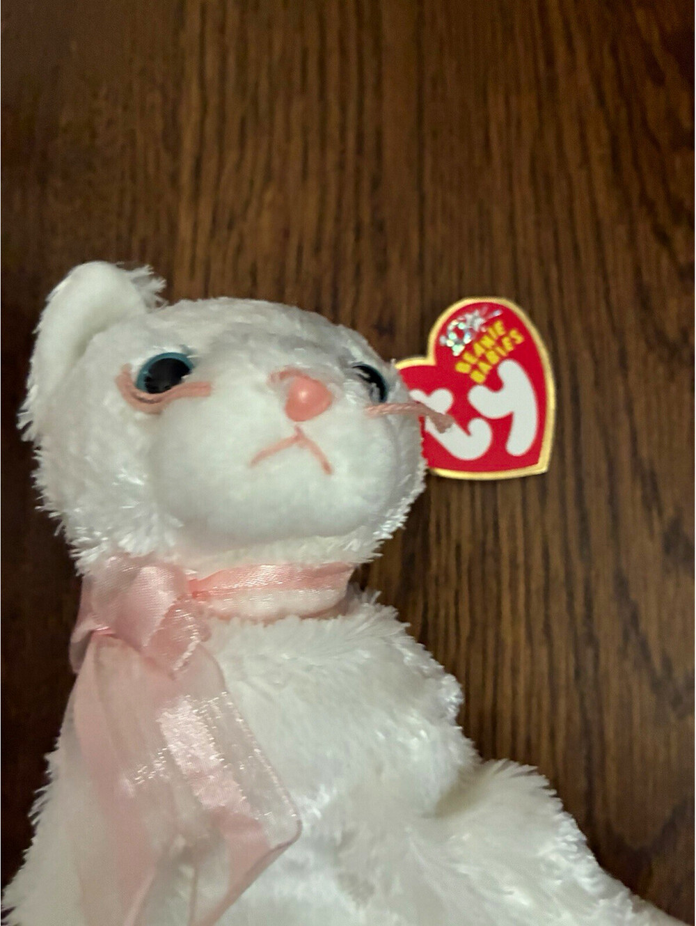 Ty Beanie Babies Bear White Plush w/ Pink Ribbon, 1999 Vintage
